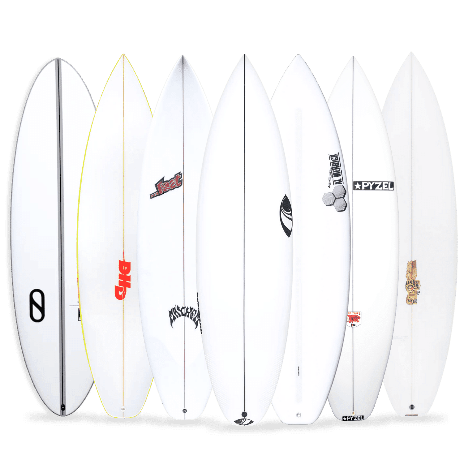 A quiver of surfboards standing side by side